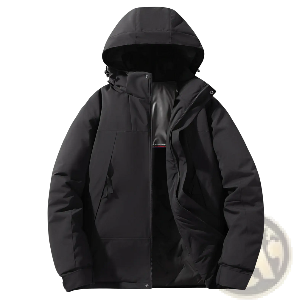 Black hooded waterproof thermal winter puffer jacket with quilted design and water-resistant outer shell