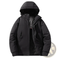 Black hooded waterproof thermal winter puffer jacket with quilted design and water-resistant outer shell