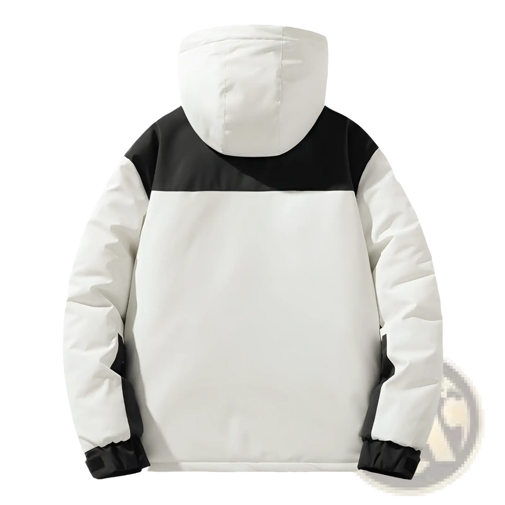 Waterproof thermal winter puffer jacket in white and black with quilted panels, hood, and contrasting black cuffs
