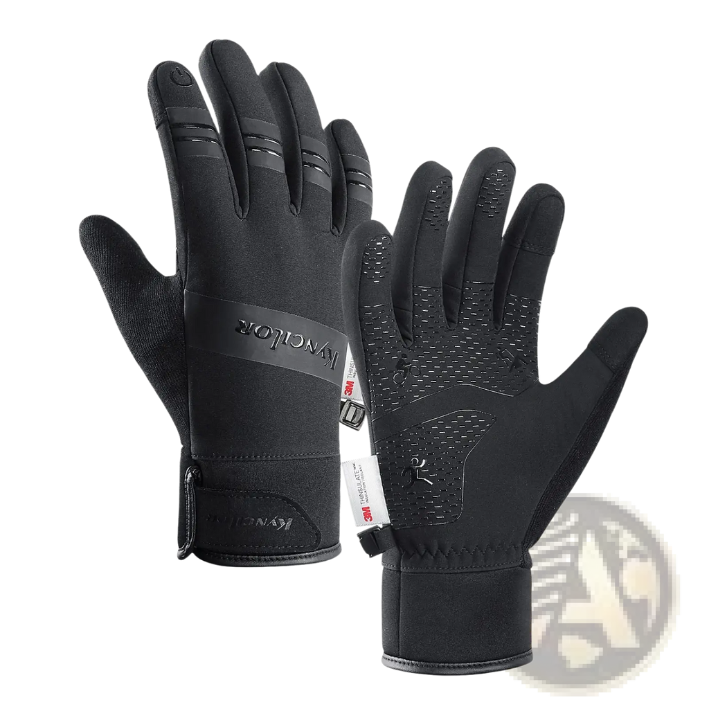 Black waterproof touchscreen ski gloves with textured grip panels and branded wrist strap shown from the back side