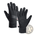 Black waterproof touchscreen ski gloves with textured grip panels and branded wrist strap shown from the back side