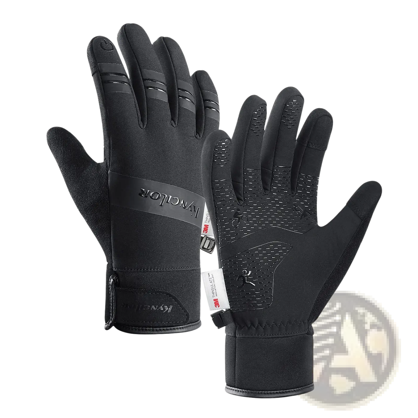 Black waterproof touchscreen ski gloves with textured grip panels and branded wrist strap shown from the back side