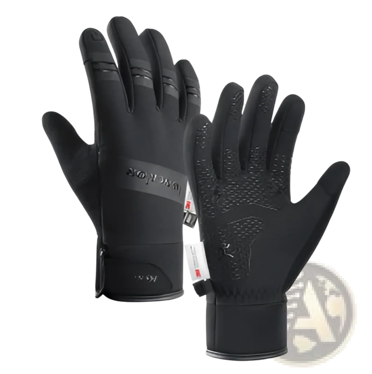 Black waterproof touchscreen ski gloves with textured grip and reinforced stitching for enhanced durability and control
