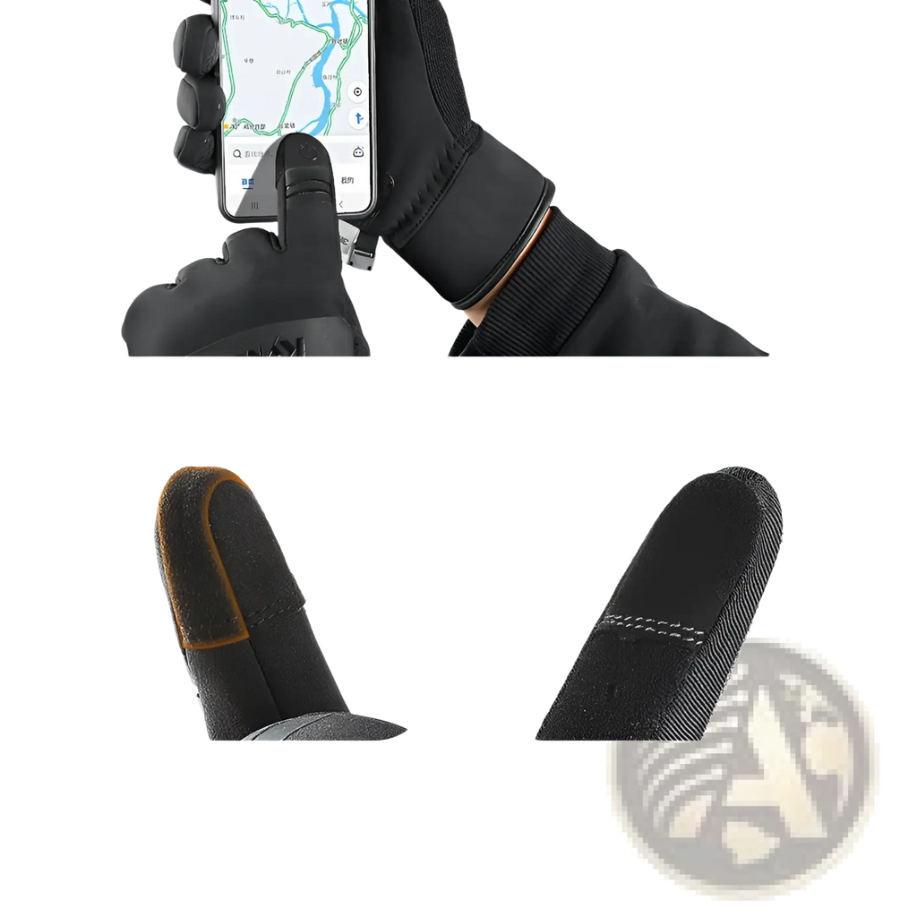 Black waterproof touchscreen ski gloves with textured reinforced fingertip for enhanced grip and touch functionality