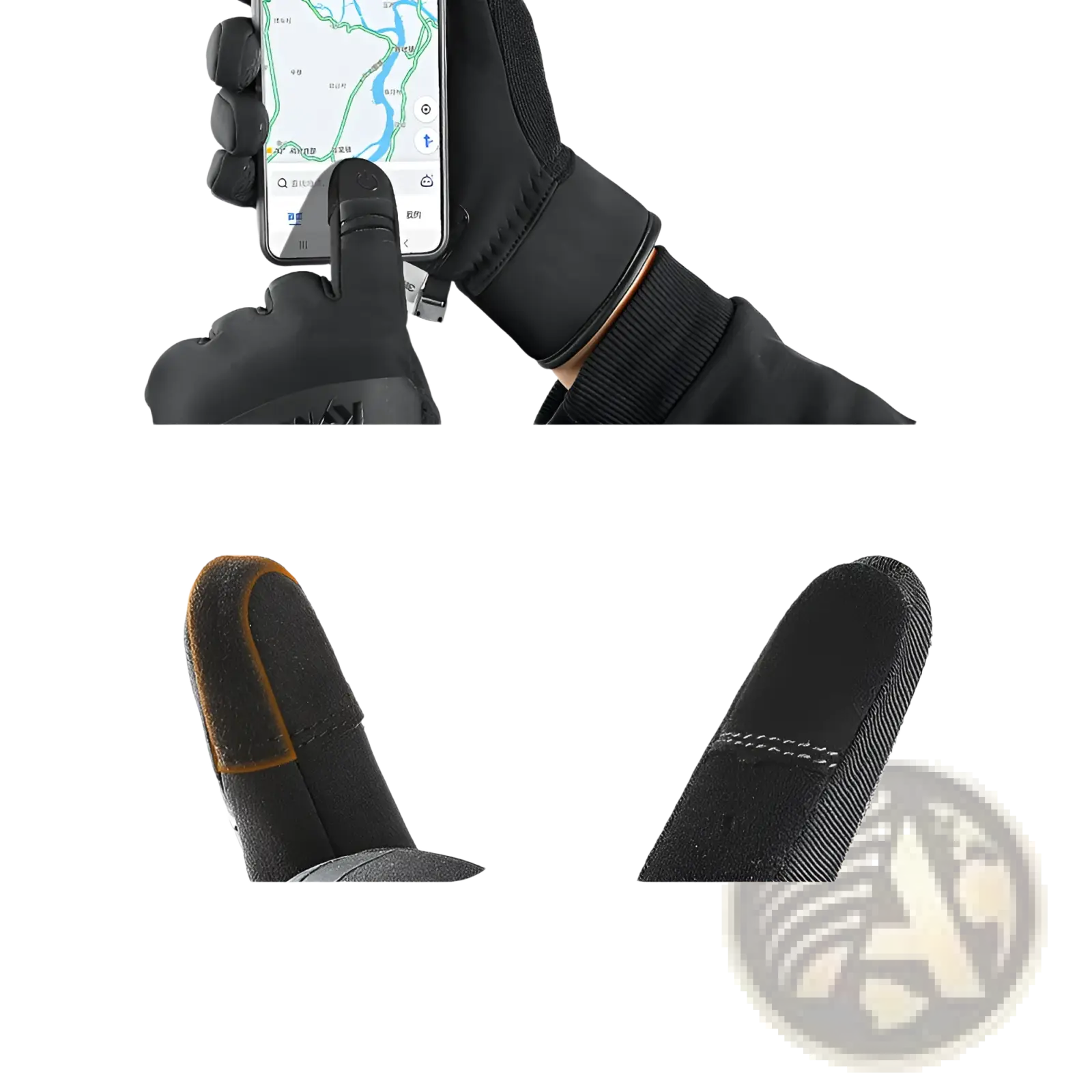 Black waterproof touchscreen ski gloves with textured reinforced fingertip for enhanced grip and touch functionality