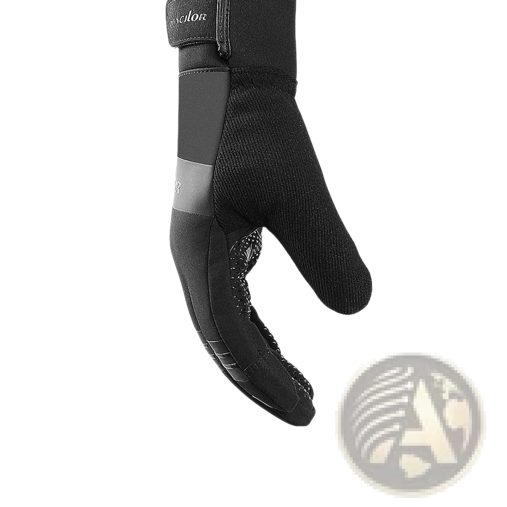 Black waterproof touchscreen ski glove with reinforced grip panels and sleek sporty design shown from the back side