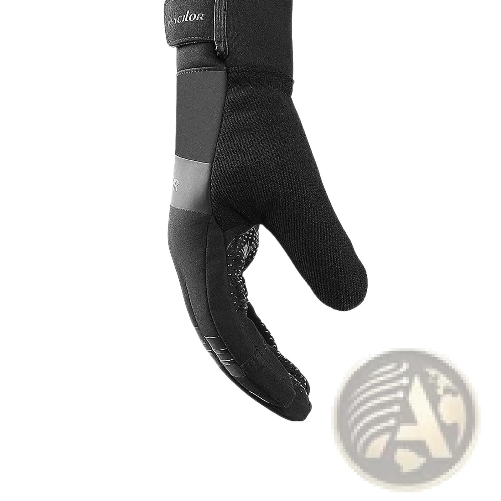 Black waterproof touchscreen ski glove with reinforced grip panels and sleek sporty design shown from the back side