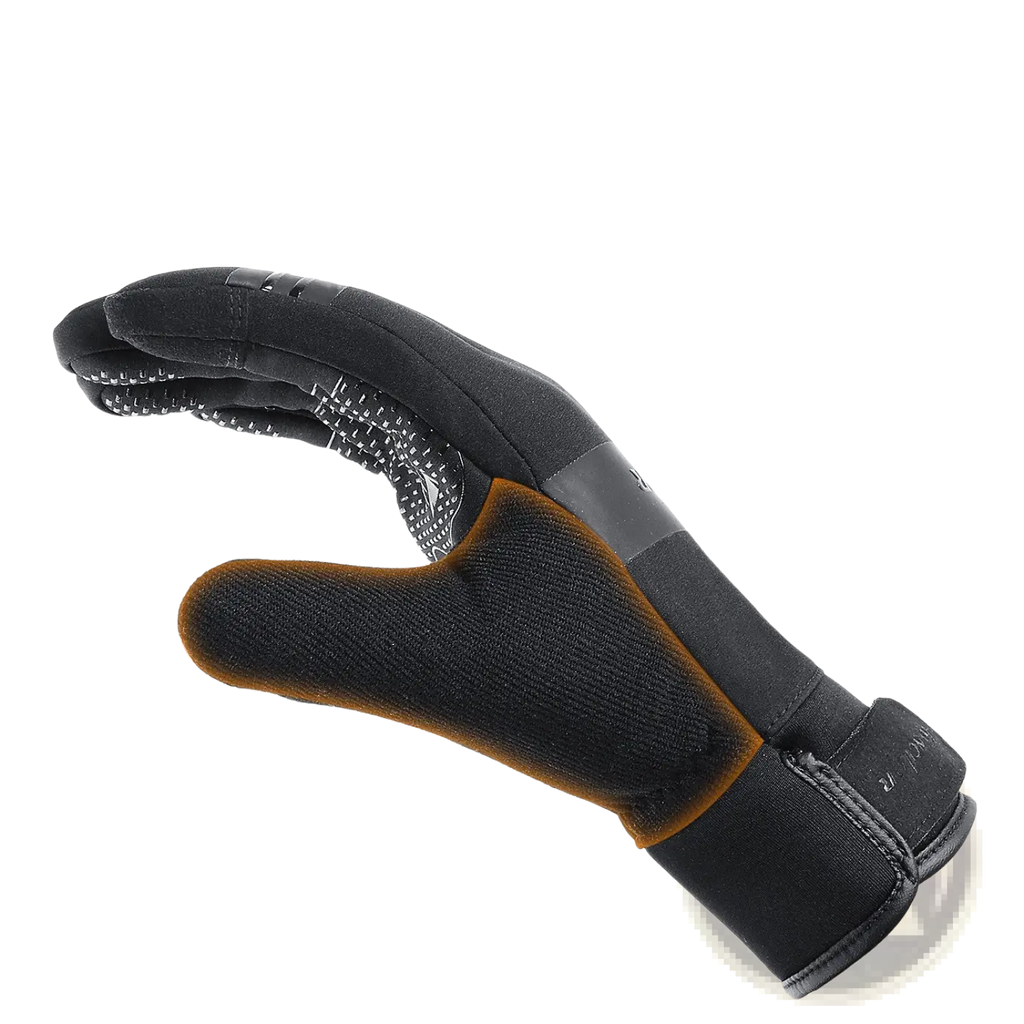 Black and orange neoprene waterproof touchscreen ski glove showing back side with textured finger grips