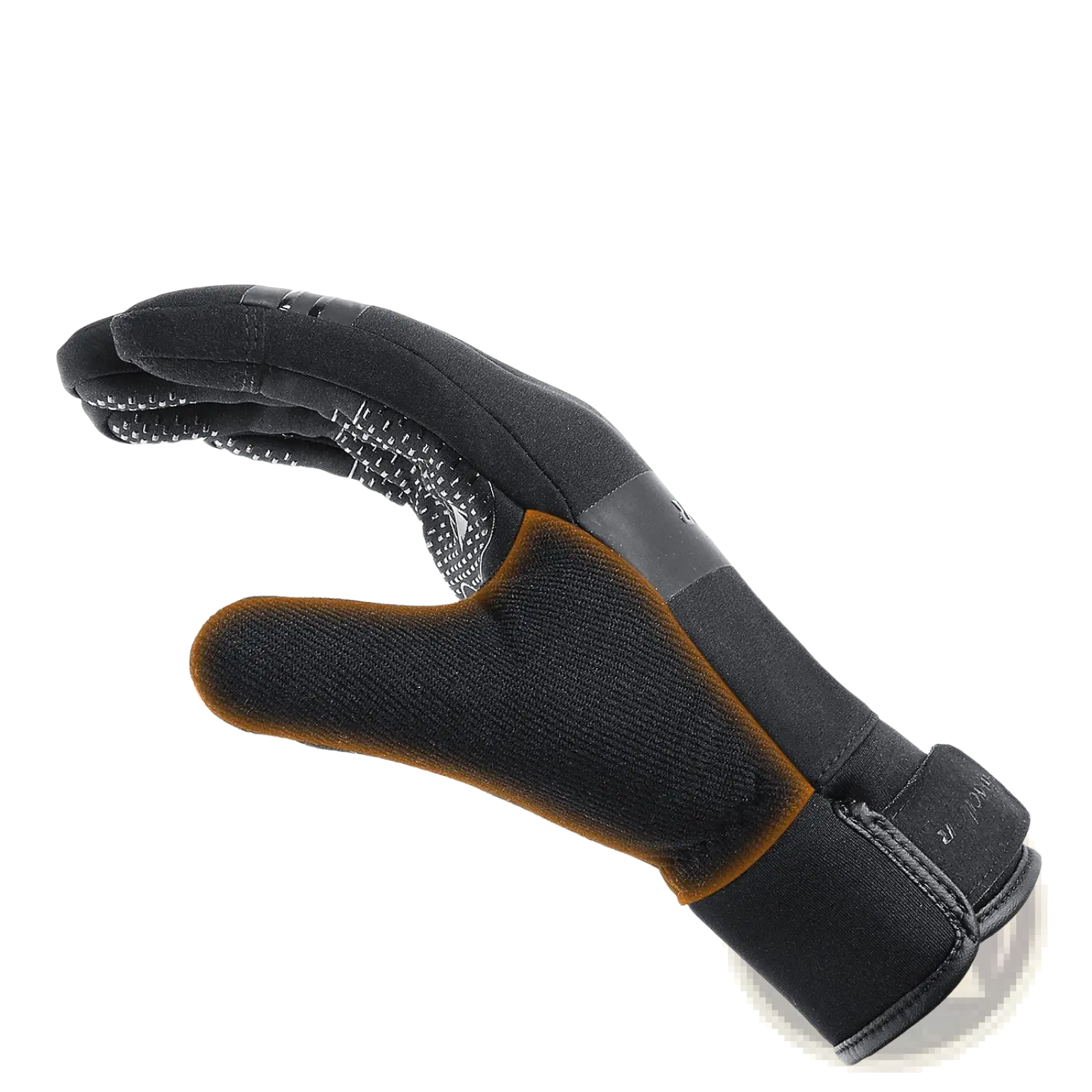 Black and orange neoprene waterproof touchscreen ski glove showing back side with textured finger grips