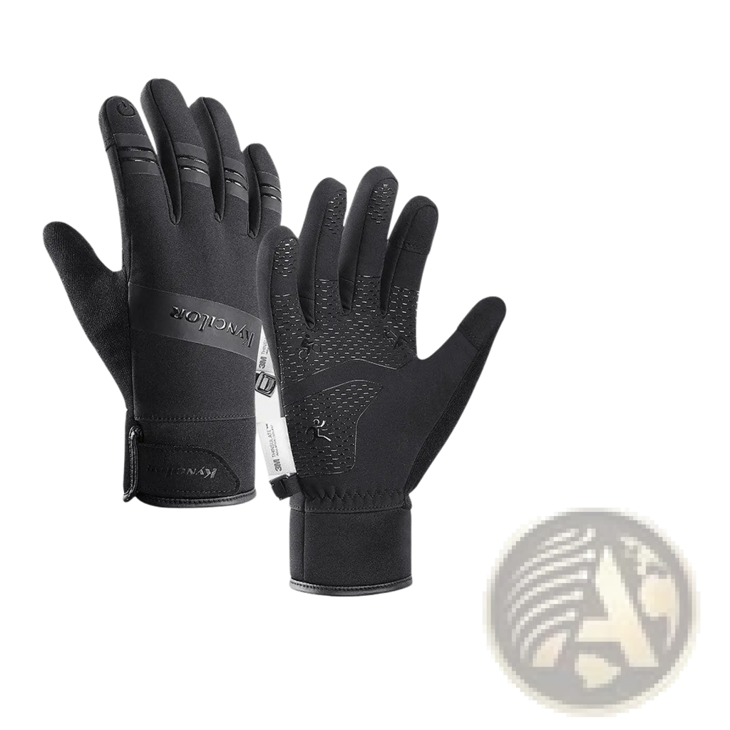 Black waterproof touchscreen ski gloves with textured grip patterns and snug wrist closure shown from the back side
