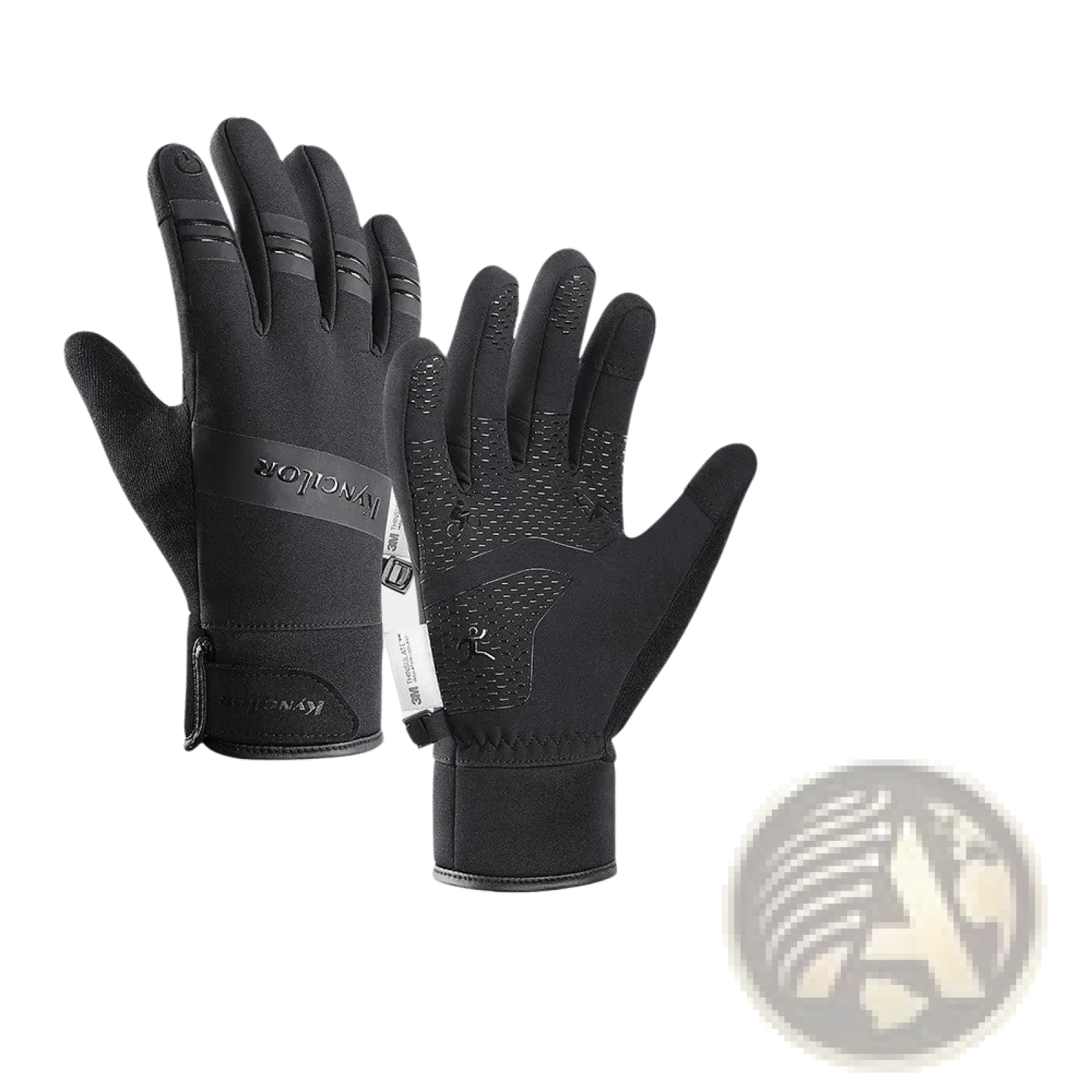 Black waterproof touchscreen ski gloves with textured grip patterns and snug wrist closure shown from the back side