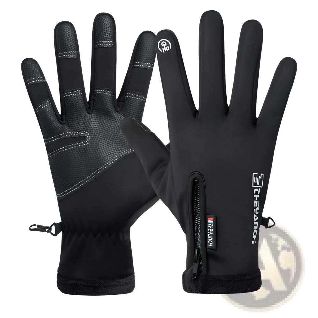 Black waterproof touchscreen winter cycling gloves with textured palms, reinforced fingers, and wrist zipper pocket