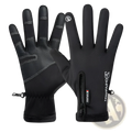 Black waterproof touchscreen winter cycling gloves with textured palms, reinforced fingers, and wrist zipper pocket