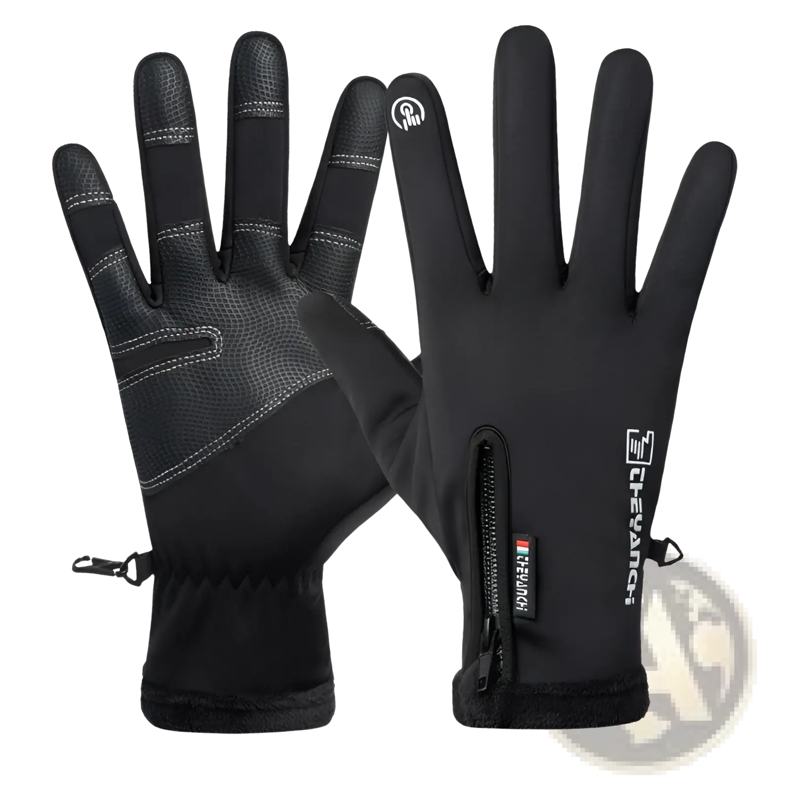 Black waterproof touchscreen winter cycling gloves with textured palms, reinforced fingers, and wrist zipper pocket