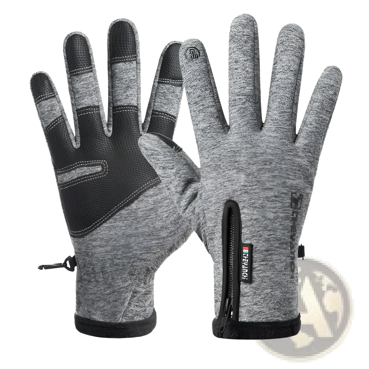 Gray and black waterproof touchscreen winter cycling gloves with textured fabric and reinforced fingertips for grip back side