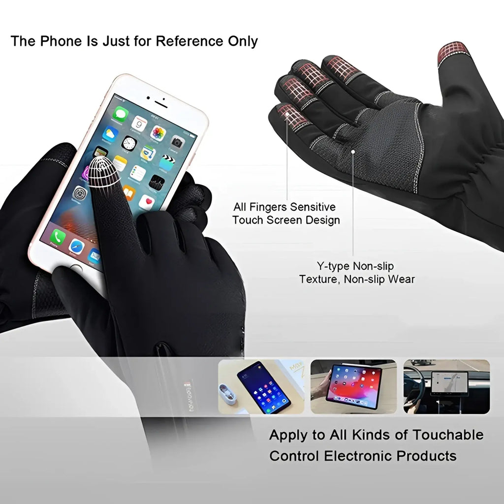 Black waterproof touchscreen winter cycling gloves showing back side with textured non-slip y-type design and red-gray fingertips