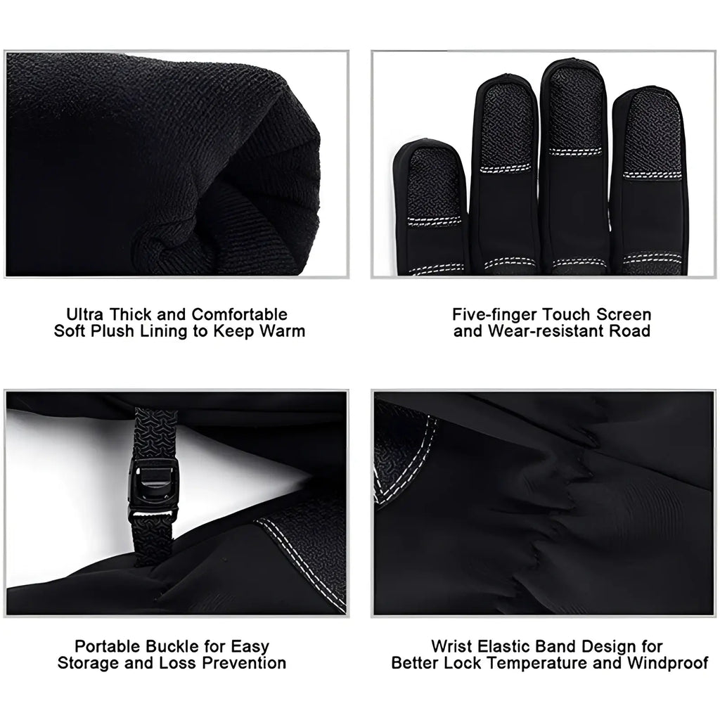 Black waterproof touchscreen winter cycling gloves with five fingers plush lining and elastic wristband shown from back