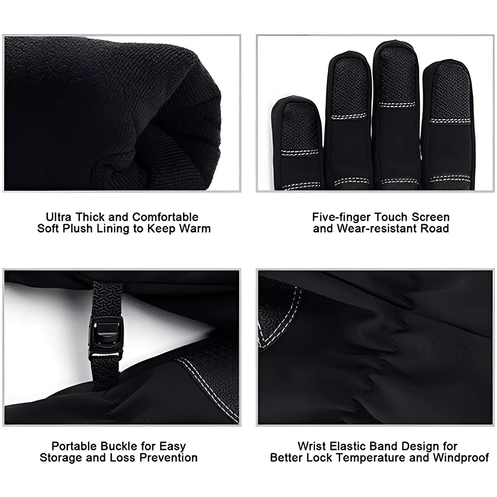 Black waterproof touchscreen winter cycling gloves with five fingers plush lining and elastic wristband shown from back