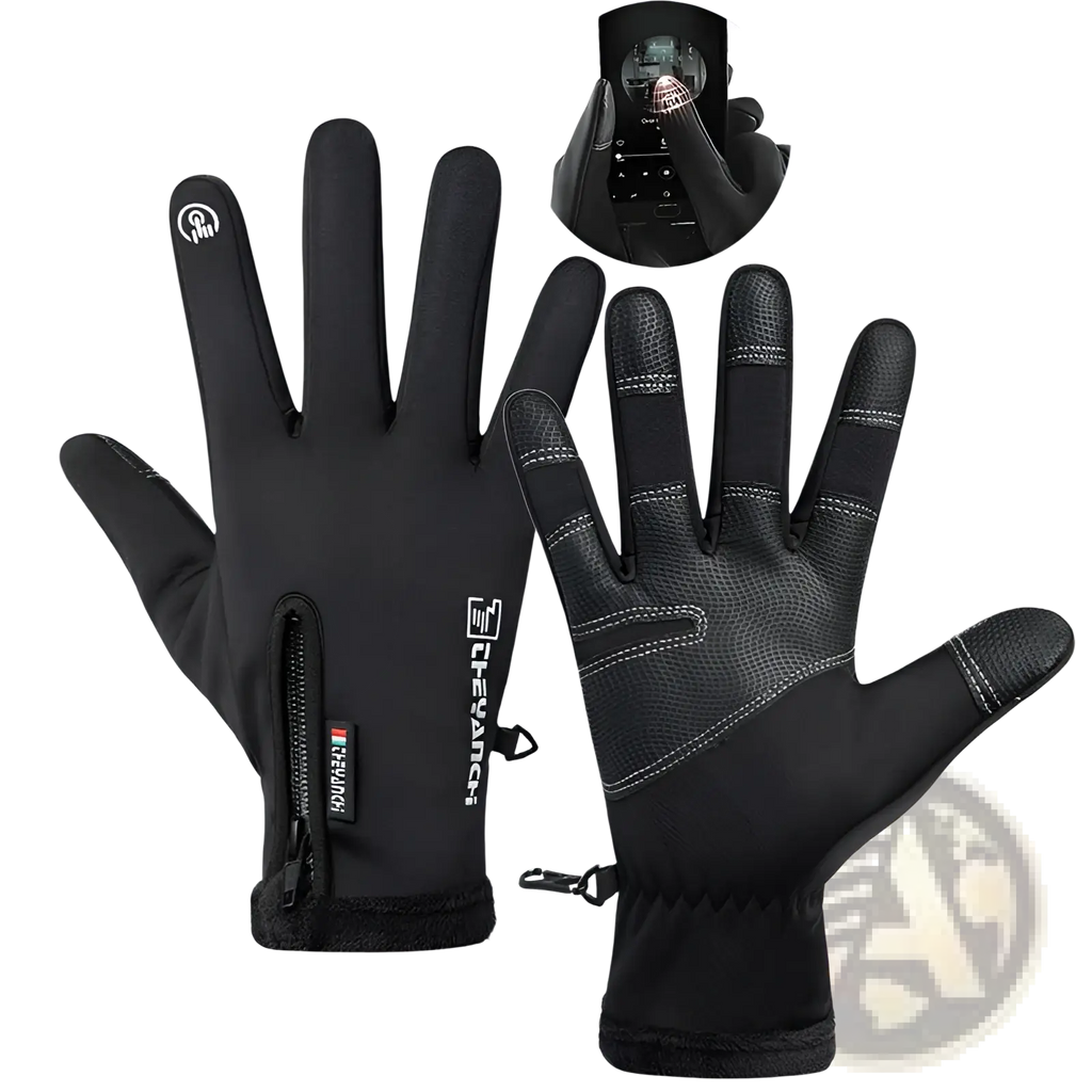 Black waterproof touchscreen winter cycling gloves with reinforced fingertips and zippered wrist pocket shown from the back side