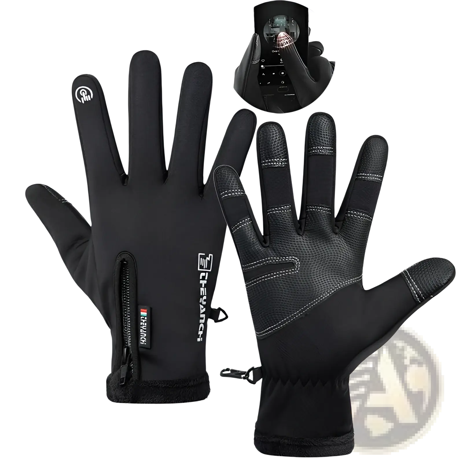 Black waterproof touchscreen winter cycling gloves with reinforced fingertips and zippered wrist pocket shown from the back side