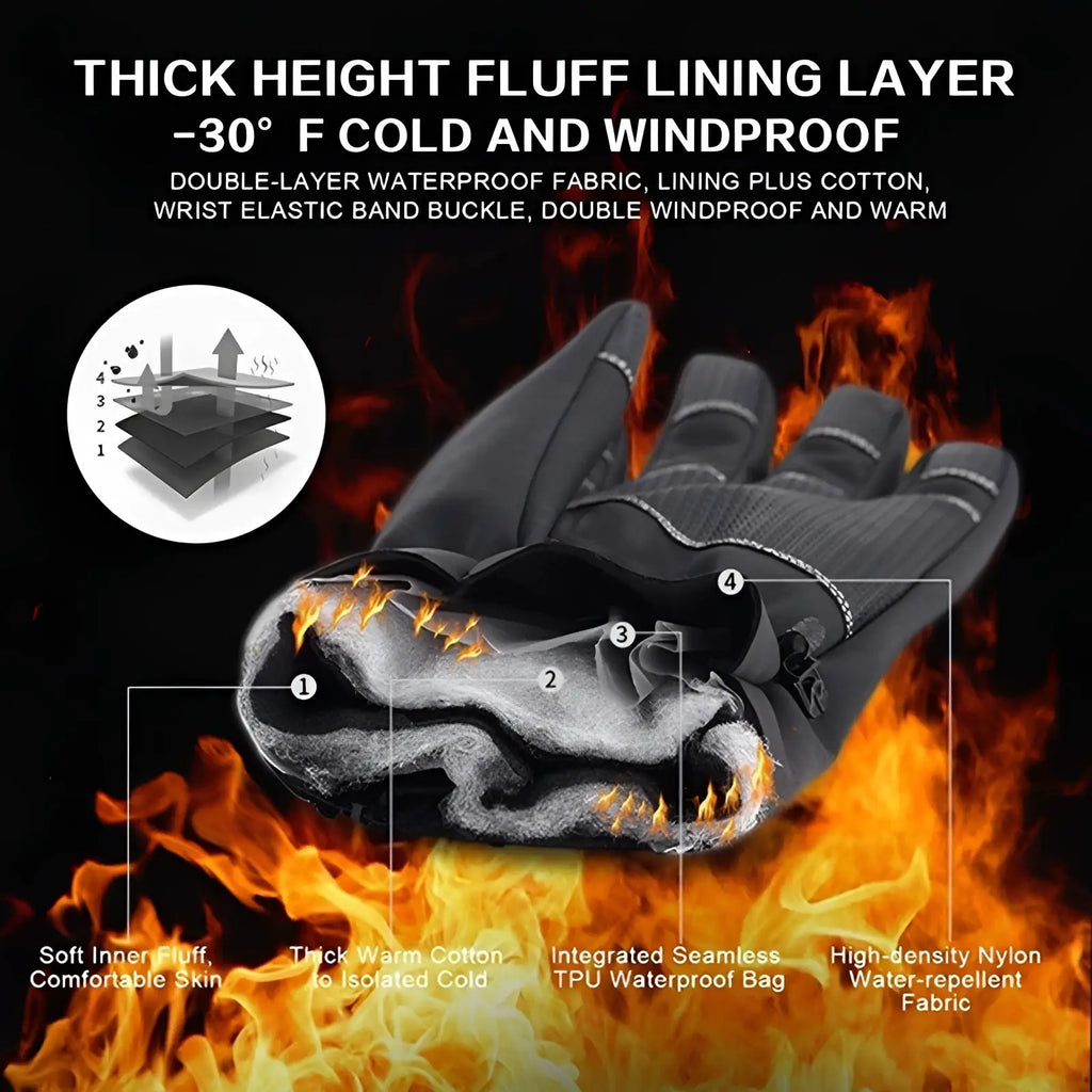 Black waterproof touchscreen winter cycling gloves with high-density nylon and thick height fluff lining back side view