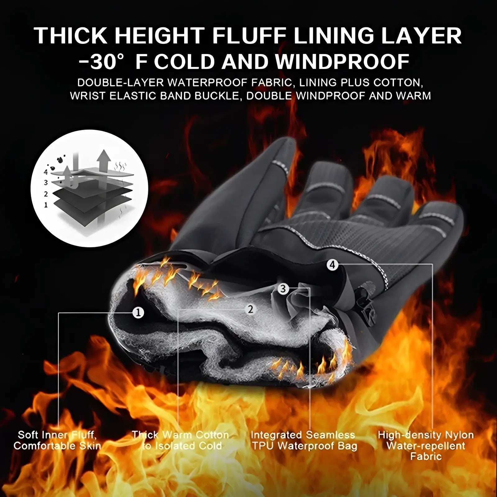 Black waterproof touchscreen winter cycling gloves with high-density nylon and thick height fluff lining back side view