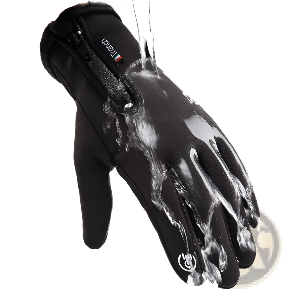 Black waterproof touchscreen winter cycling glove with fleece-lined wrist and zipper closure shown from back side