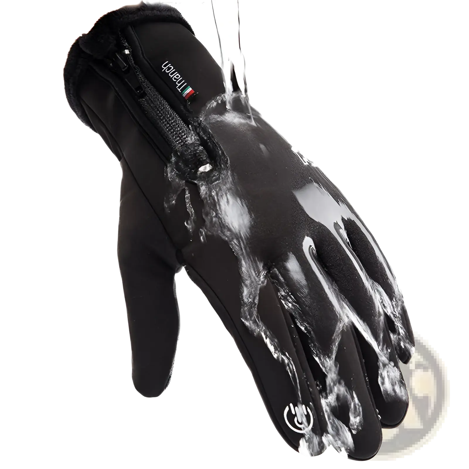 Black waterproof touchscreen winter cycling glove with fleece-lined wrist and zipper closure shown from back side