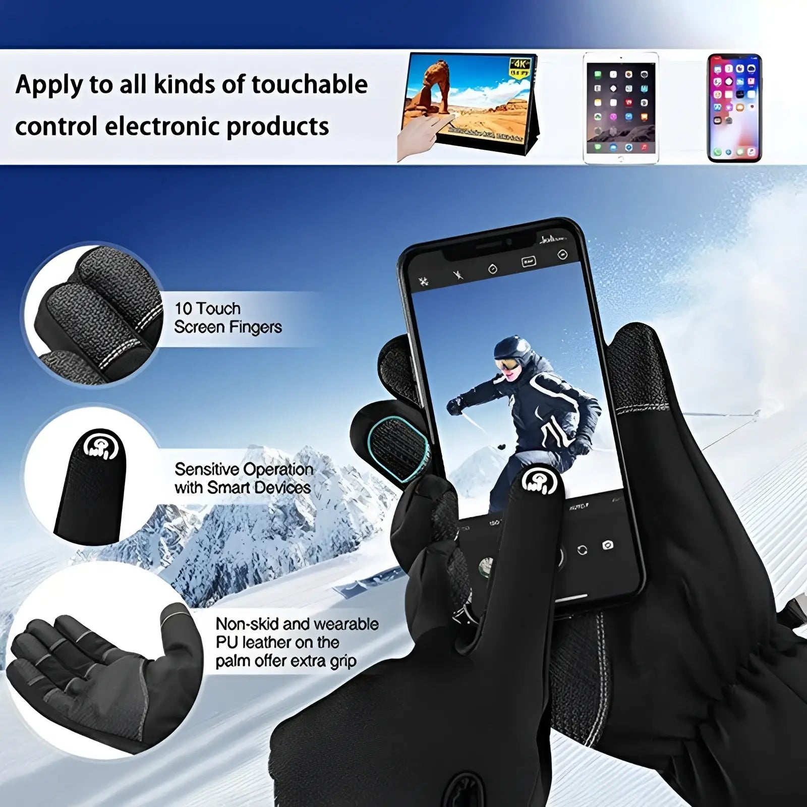 Black waterproof touchscreen winter cycling gloves with pu leather palms and textured fingertips for device use