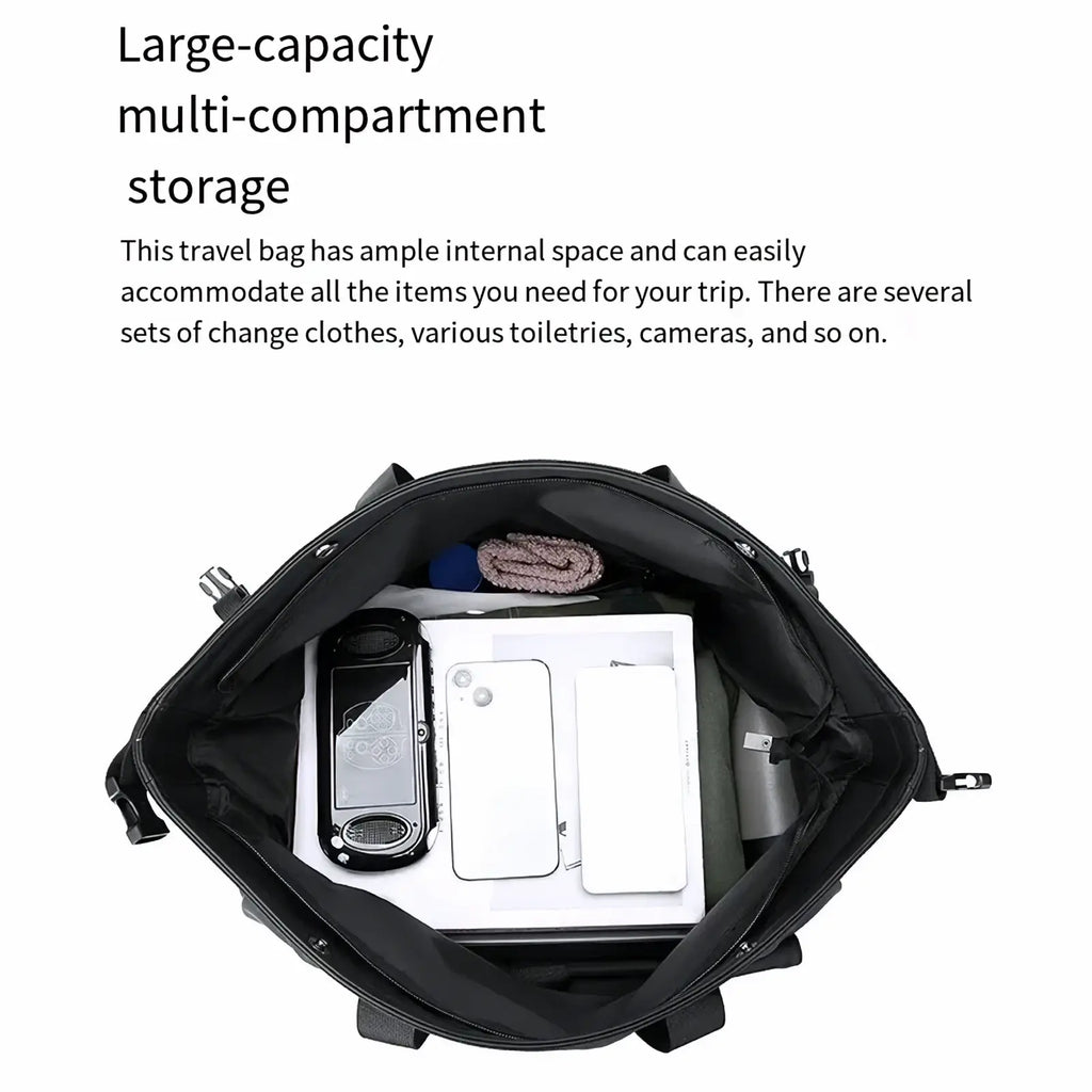 Black waterproof travel duffel bag with multiple compartments designed to hold essentials like phones and toiletries