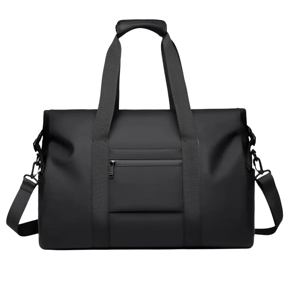 Black waterproof nylon travel duffel bag with dual top handles and detachable shoulder strap for versatile use