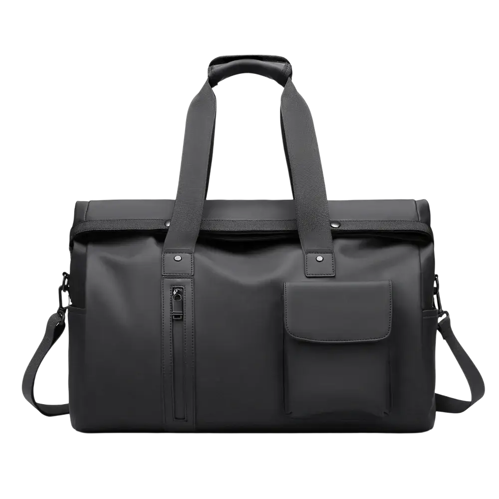 Black nylon waterproof travel duffel bag with dual top handles and a detachable shoulder strap