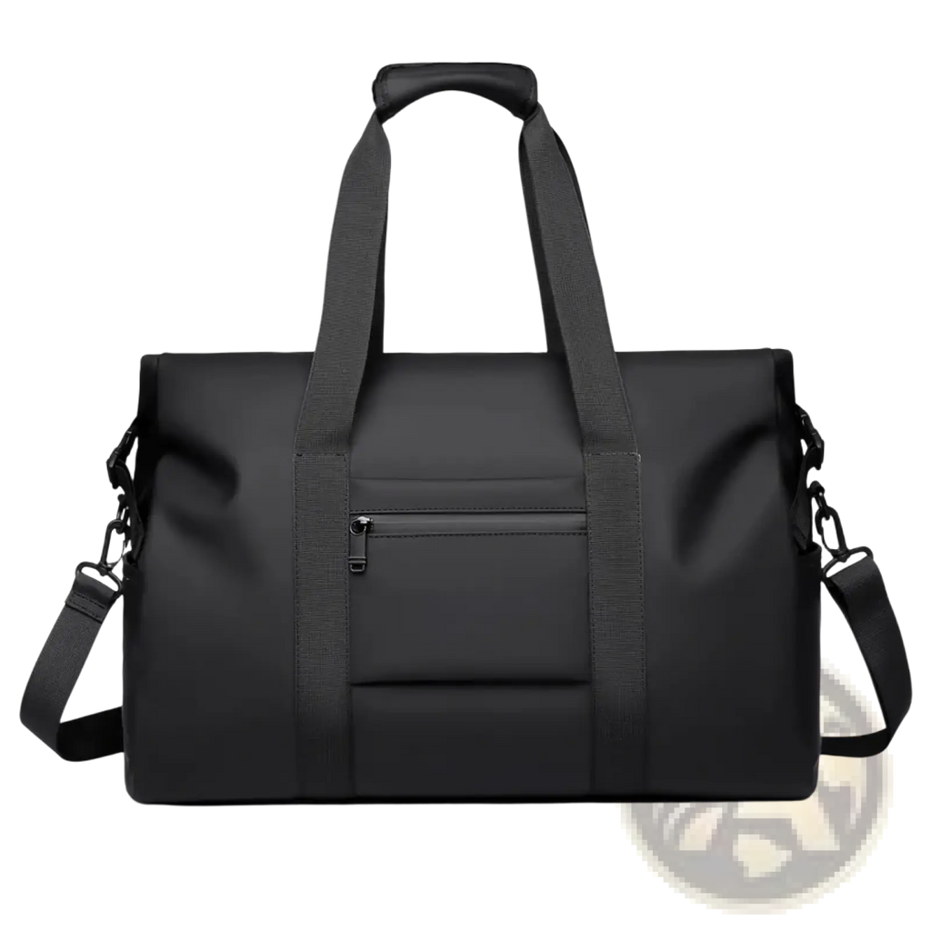 Black waterproof nylon travel duffel bag with dual top handles and detachable shoulder strap for versatile use