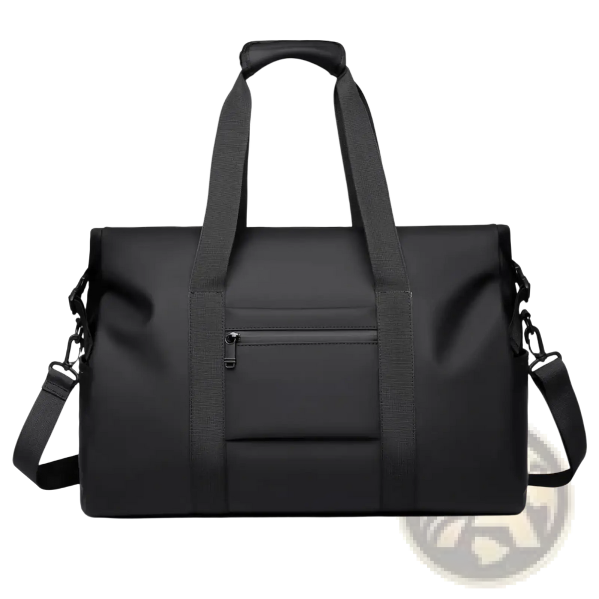 Black waterproof nylon travel duffel bag with dual top handles and detachable shoulder strap for versatile use