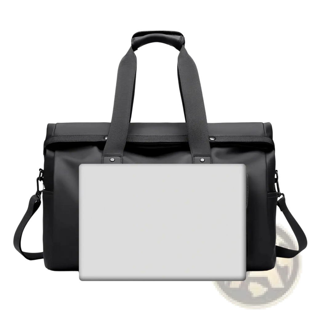 Black nylon waterproof travel duffel bag with reinforced handles and detachable shoulder strap for convenient carrying