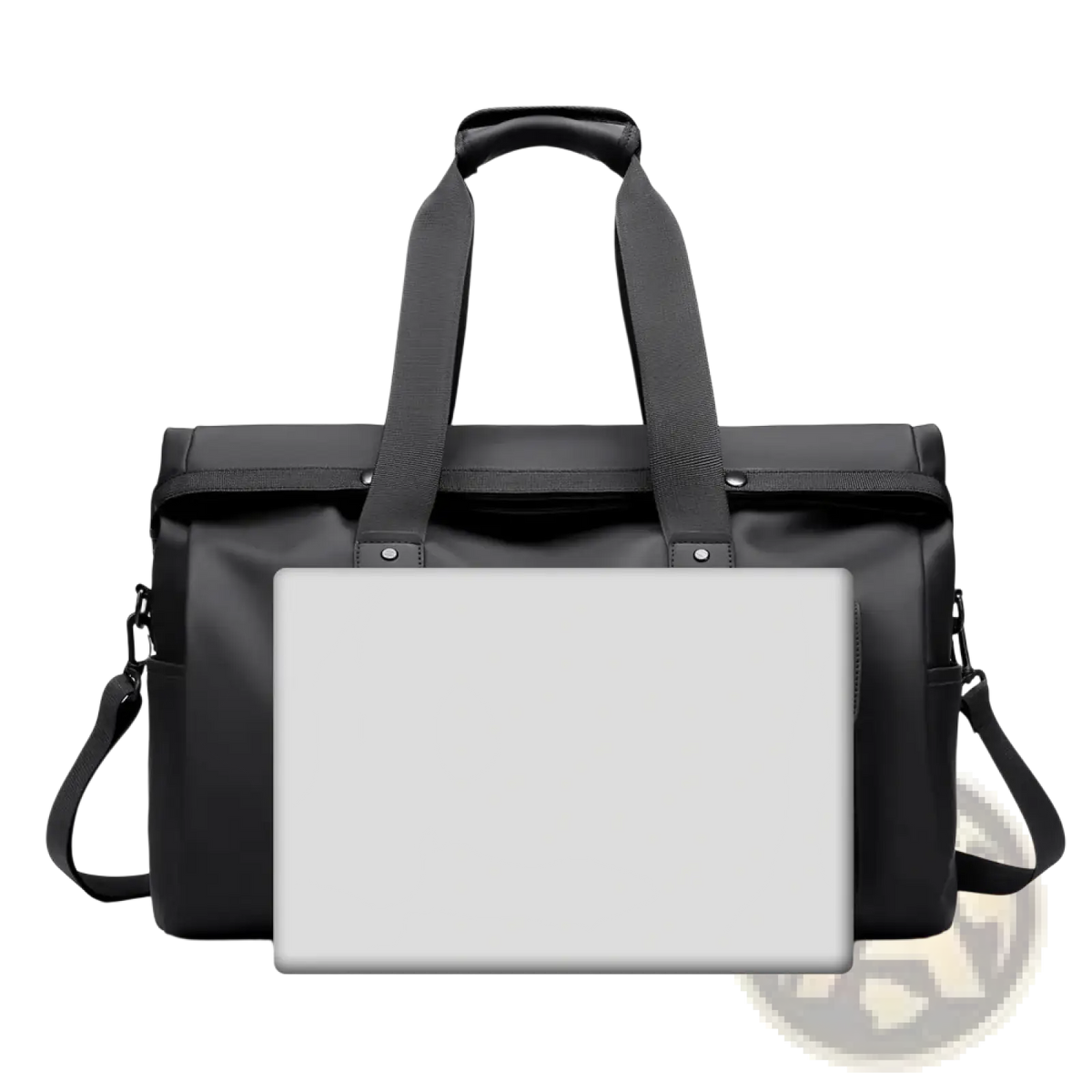 Black nylon waterproof travel duffel bag with reinforced handles and detachable shoulder strap for convenient carrying