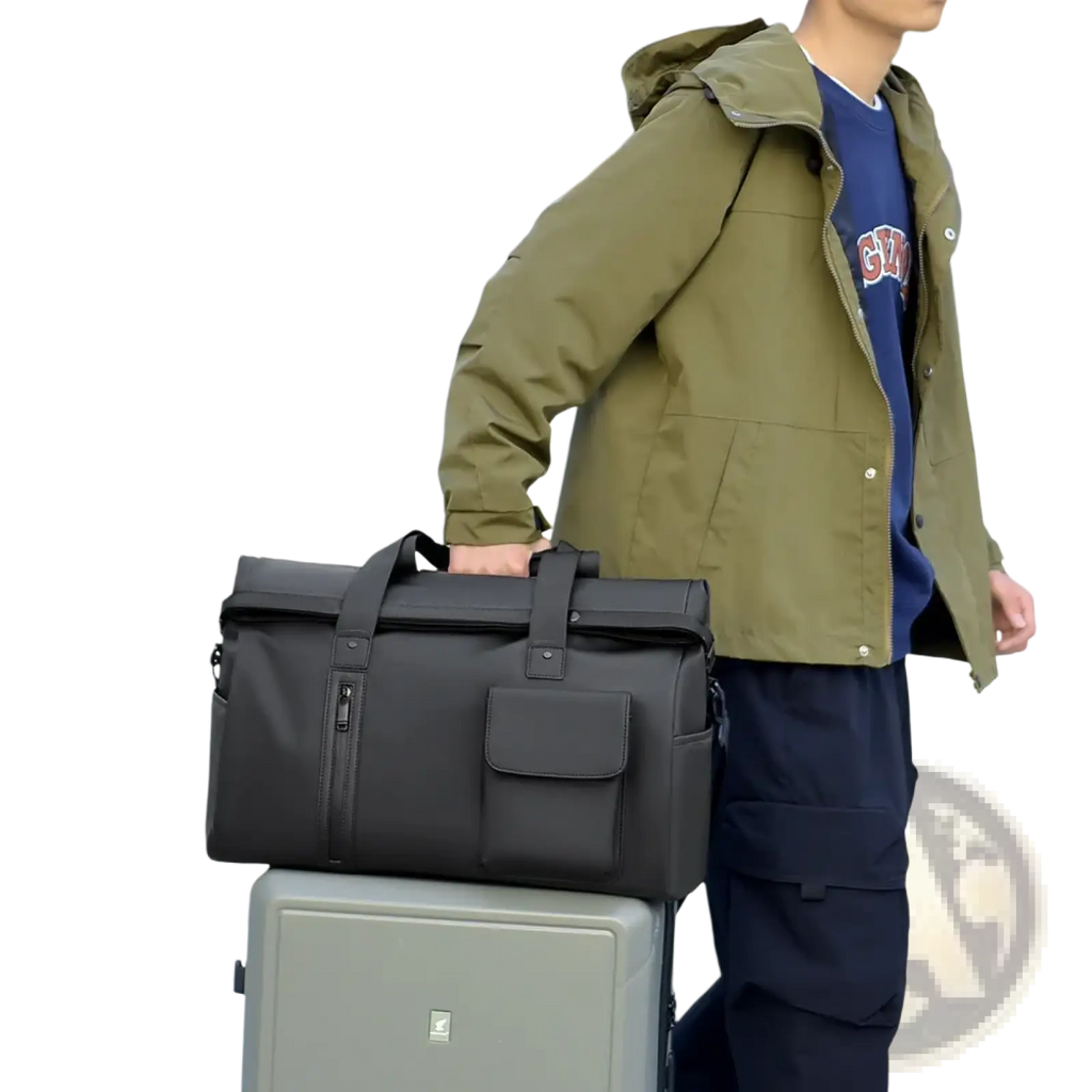 Black waterproof travel duffel bag with durable fabric and reinforced stitching roll-top design for secure storage