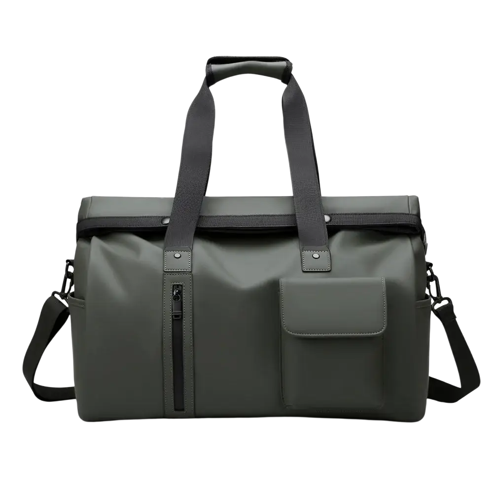 Dark olive green waterproof travel duffel bag with black handles shoulder strap front zippered pocket and leather accents