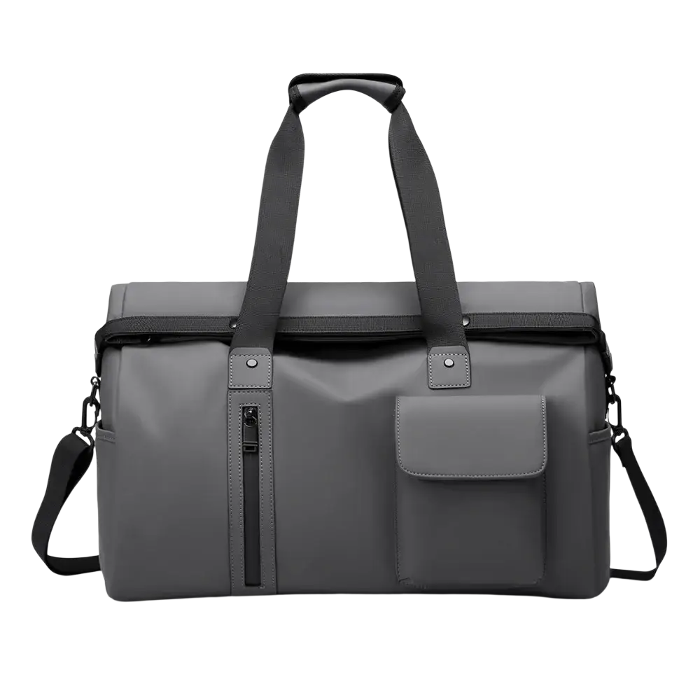 Gray waterproof travel duffel bag with black handles, shoulder strap, front zippered pocket, and leather-like accents