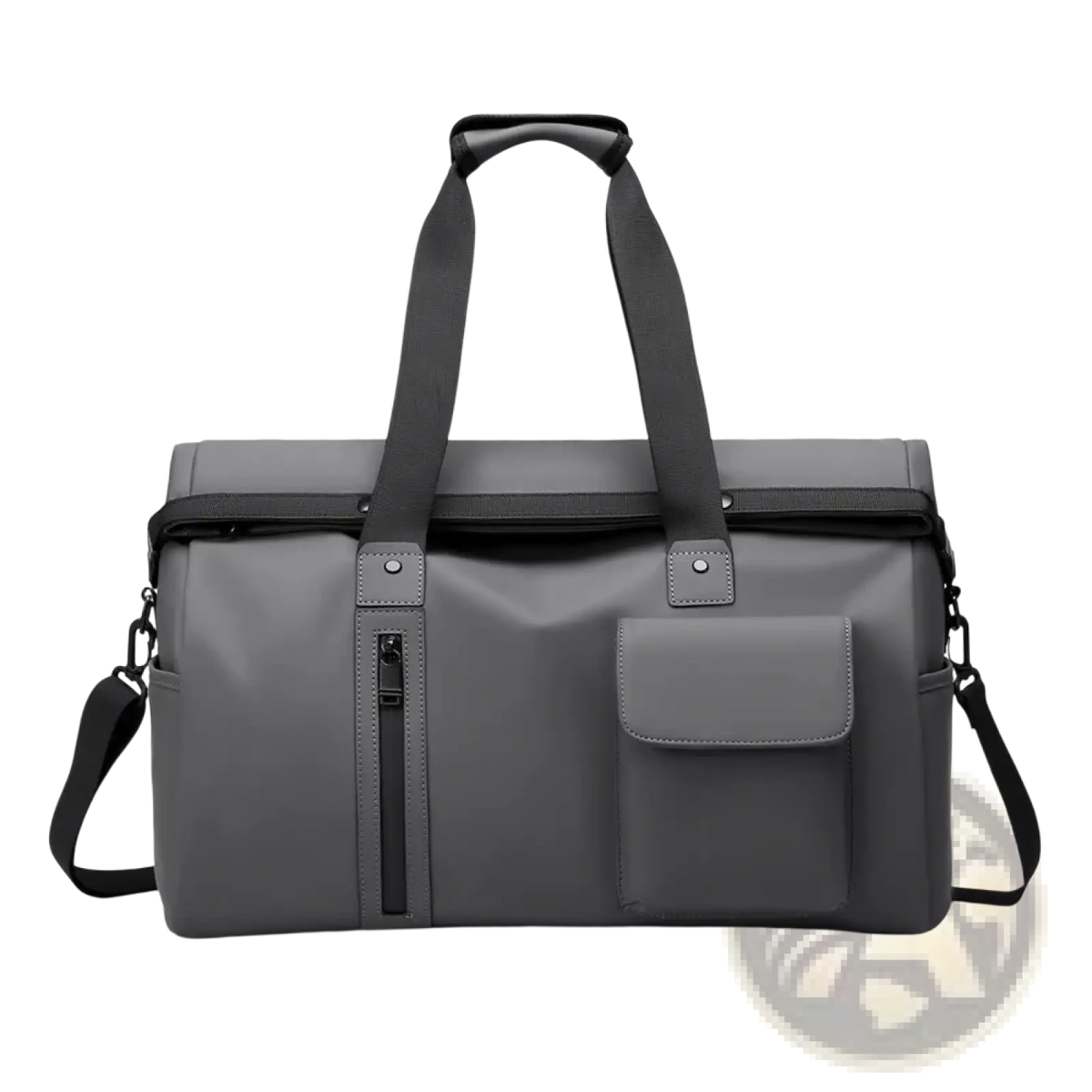 Gray waterproof travel duffel bag with black handles, shoulder strap, front zippered pocket, and leather-like accents