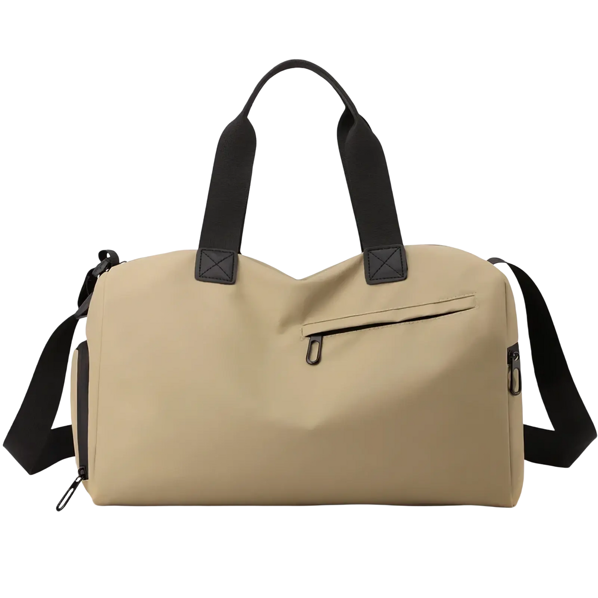 Beige nylon waterproof travel duffel bag with black handles shoulder strap and front zippered pocket with shoe compartment