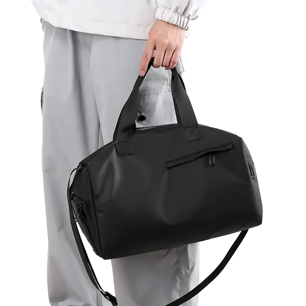 Black nylon waterproof travel duffel bag with reinforced handles detachable shoulder strap and shoe compartment