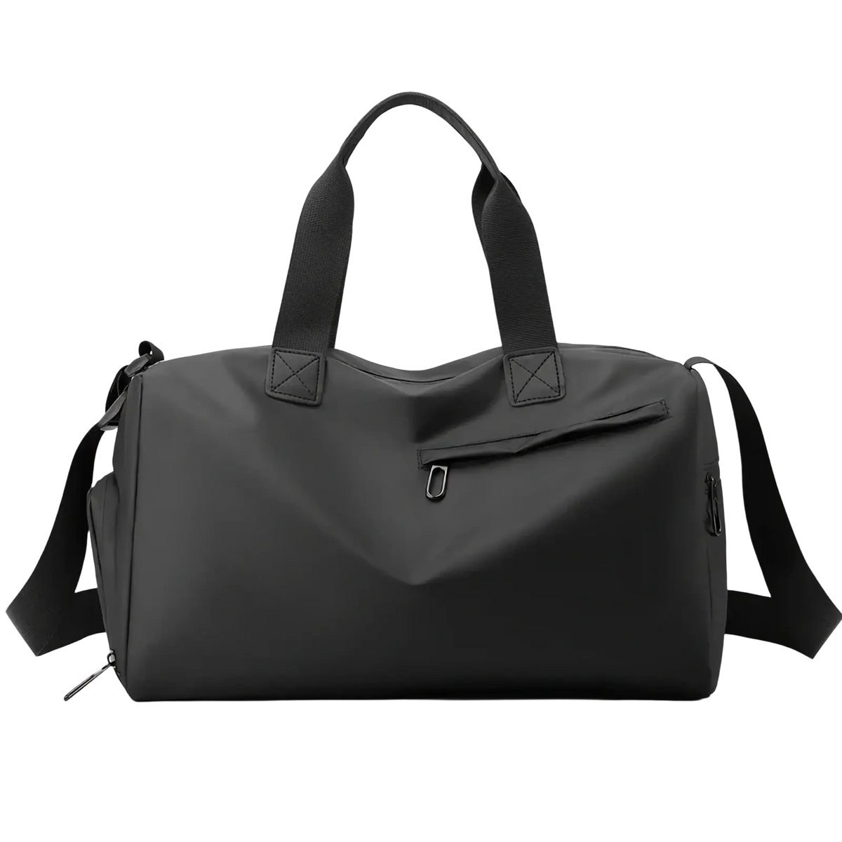Black nylon waterproof travel duffel bag with reinforced handles adjustable shoulder strap and shoe compartment