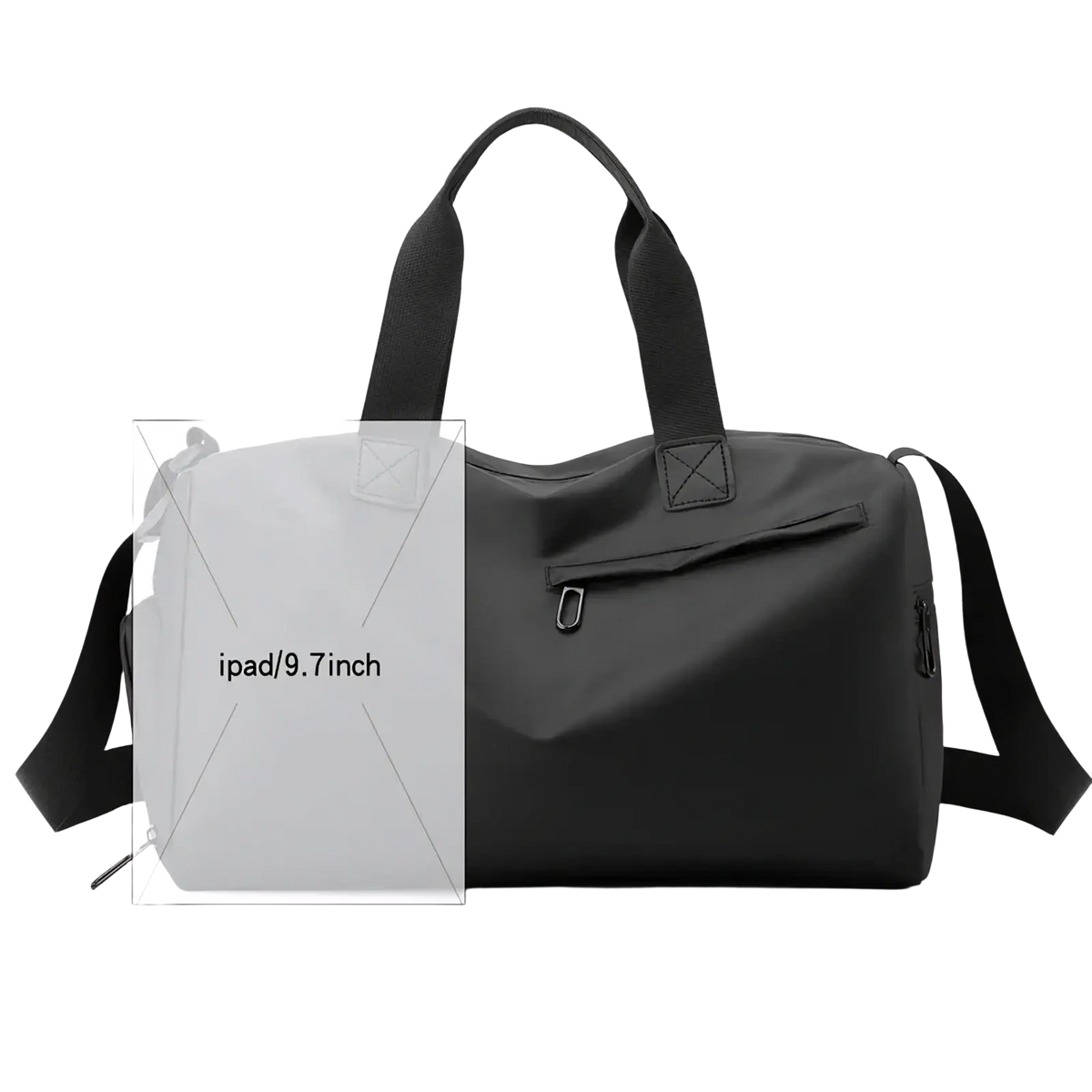 Black nylon waterproof travel duffel bag with adjustable shoulder strap top handles and shoe compartment