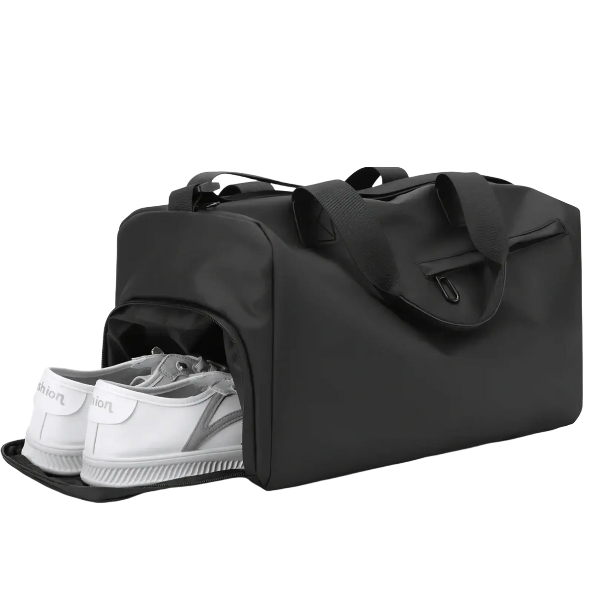 Black nylon waterproof travel duffel bag with dual top handles and front shoe compartment for organized packing