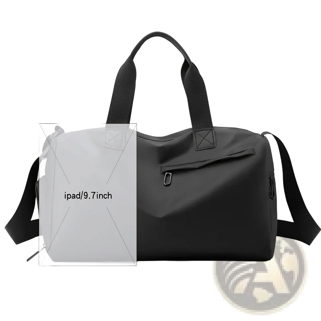 Black nylon waterproof travel duffel bag with adjustable shoulder strap top handles and shoe compartment