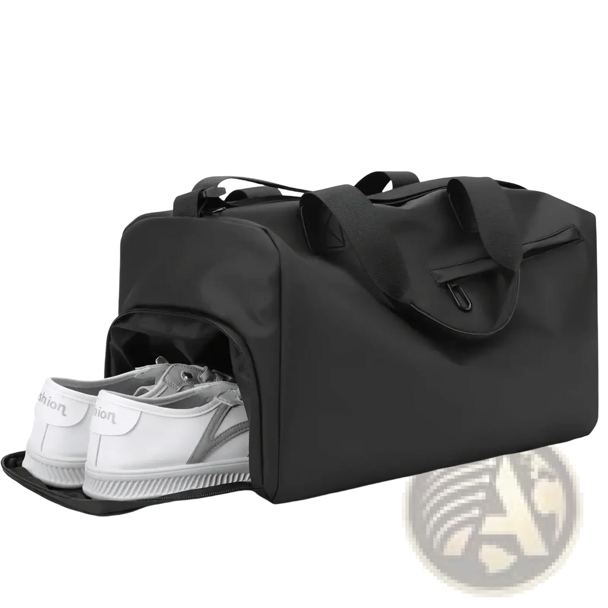 Black nylon waterproof travel duffel bag with dual top handles and front shoe compartment for organized packing