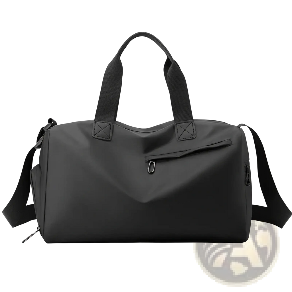 Black nylon waterproof travel duffel bag with reinforced handles adjustable shoulder strap and shoe compartment