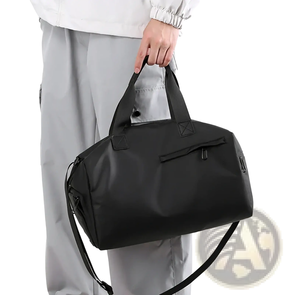 Black nylon waterproof travel duffel bag with reinforced handles detachable shoulder strap and shoe compartment