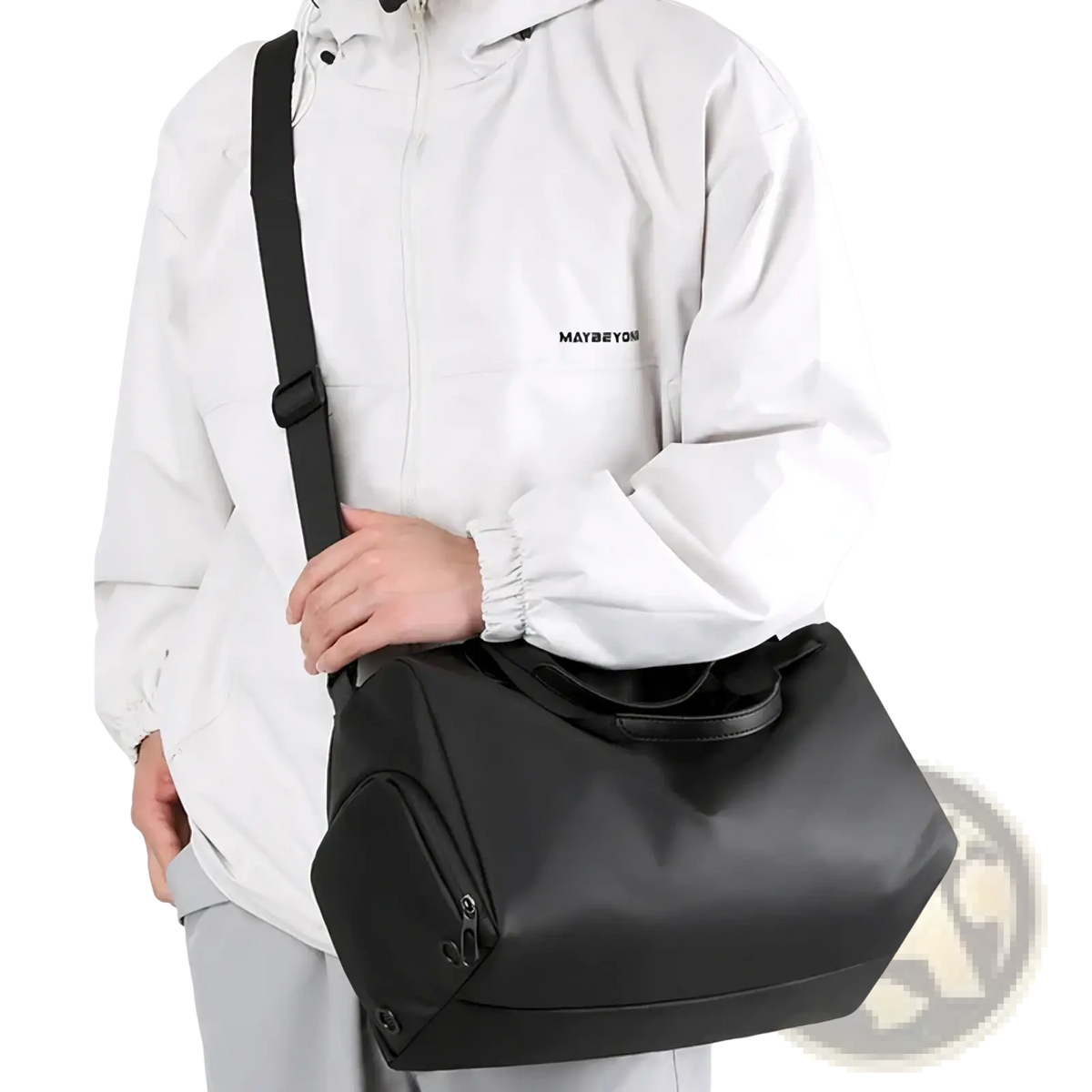 Black sleek modern waterproof travel duffel bag with sturdy shoulder strap and shoe compartment for organized packing